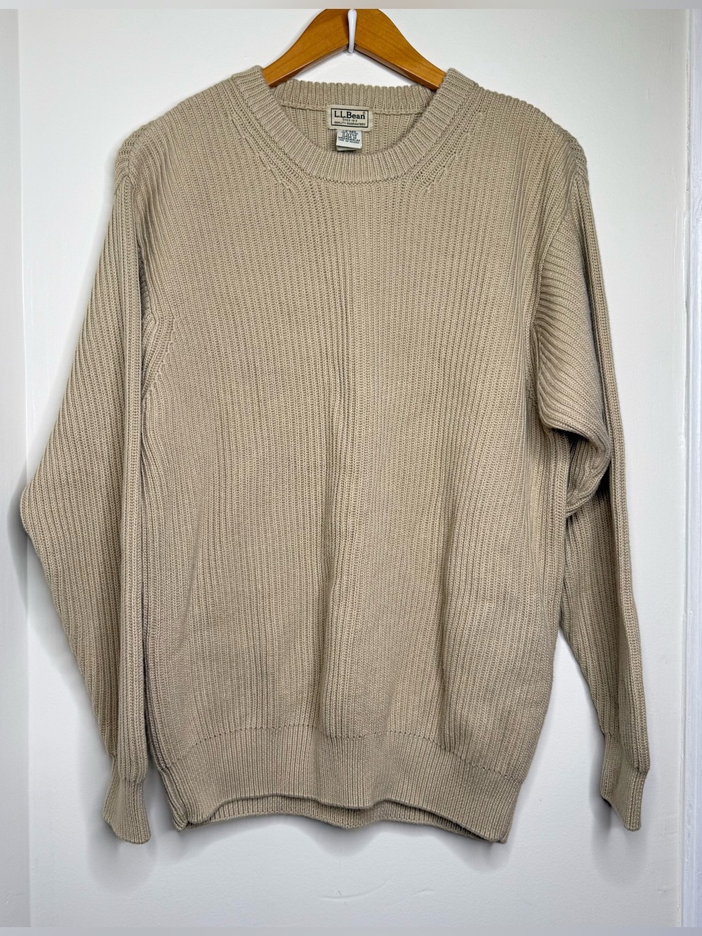 Vintage LL Bean Knit Sweater Men’s Size Large Cotton Beige Tan Neutral Classic
